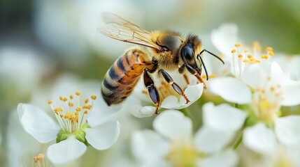 A honeybee collecting nectar from white flower blossoms on a sunny day in a lush garden setting