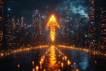 A glowing arrow is pointing upwards in a cityscape