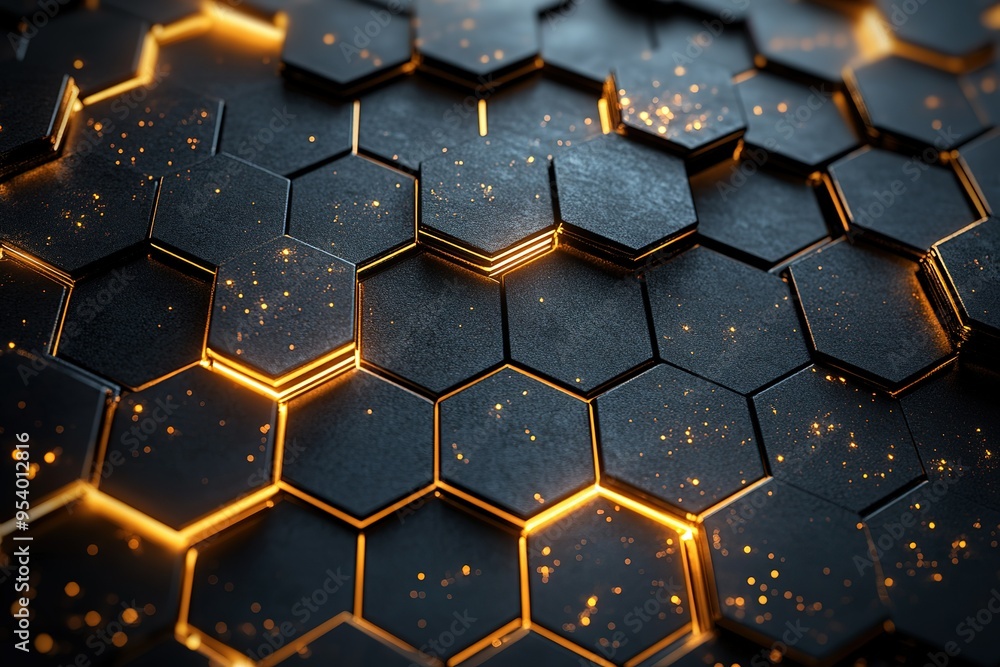 Poster a black and orange hexagonal pattern with a lot of sparkles