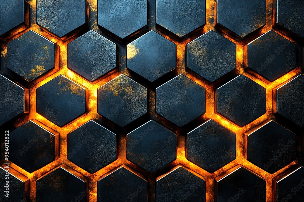 Poster the image is a close up of a black and orange hexagonal pattern