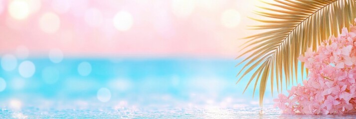 Palm tree and tropical beach in the background of a seascape. bokeh blur of the serene sky and waves. backdrop idea for a summer vacation.