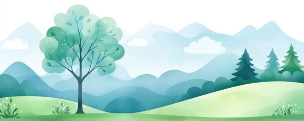 Fototapeta premium With a blue sky, white clouds, and a green field, this watercolor background features an abstract summer scene.