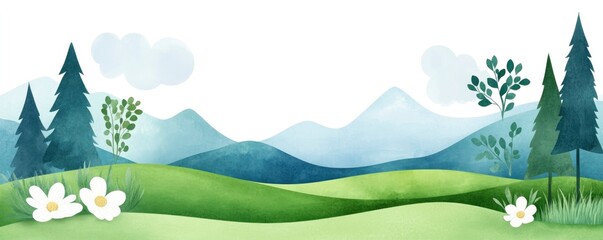 With a blue sky, white clouds, and a green field, this watercolor background features an abstract summer scene.