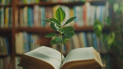 Book Day: Closeup of Open Book in Library with Bookcase Background