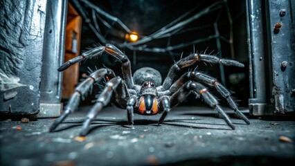 Fototapeta premium A Creepy Halloween Scene Featuring a Spider Crawling Out of a Dark Alley for Spooky Decorations and Horror-Themed Content