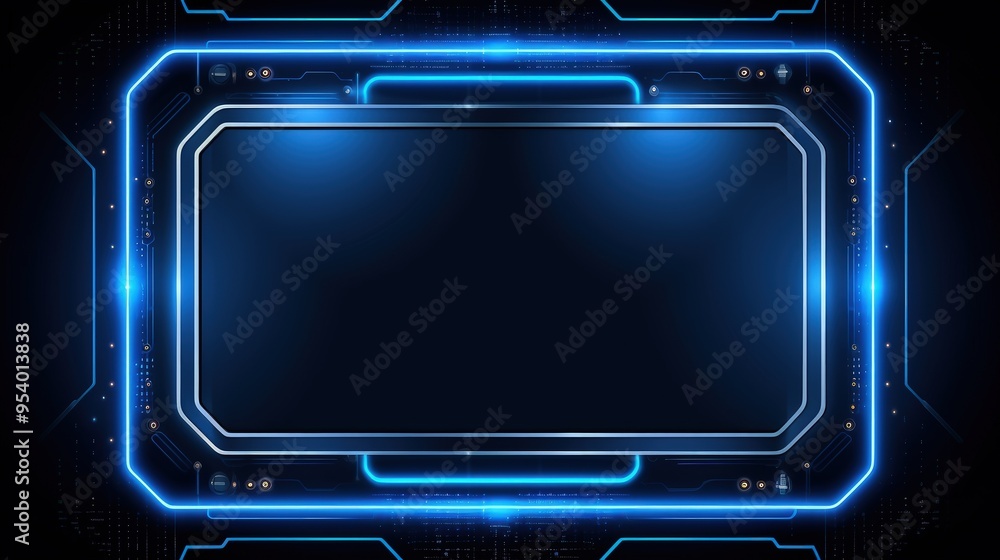 Poster a futuristic digital frame with glowing blue lights, ideal for displaying content or graphics in a t