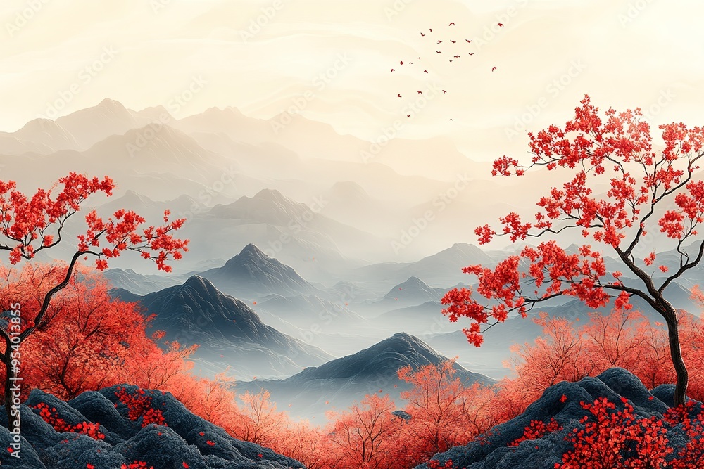 Poster a mountain range with a red tree in the foreground