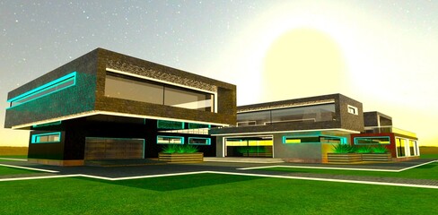 Fototapeta premium A large moon rises over an advanced high-tech estate with elements of night lighting across the property. 3D rendering.