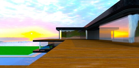 A breathtaking sunrise over the ocean waves is observed from the wooden terrace of a high-tech luxury mansion with a glass facade and elements of black marble. 3D rendering.