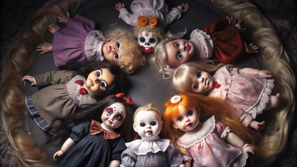 Creepy Halloween Dolls Arranged in a Circle for Spooky Decor and Themed Parties