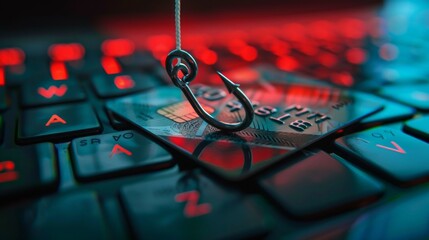 A close-up view of a fishing hook sitting on a credit card placed on a laptop keyboard. This image captures the theme of online security threats and phishing attacks. AI.
