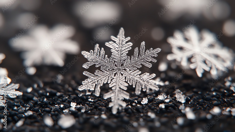 Poster a single snowflake rests on a bed of dark pebbles, its delicate crystalline structure illuminated by