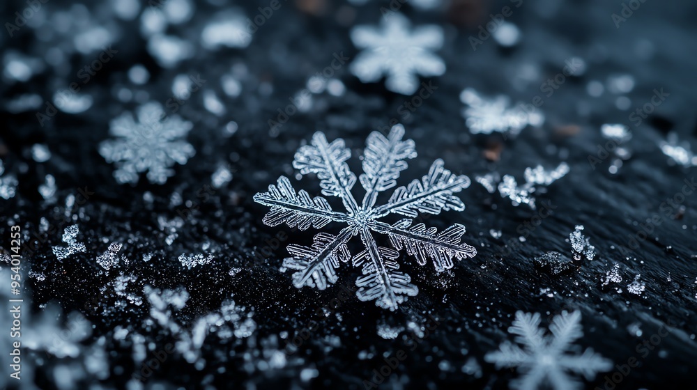 Poster a delicate snowflake rests on a dark surface, its intricate details illuminated by a soft light.