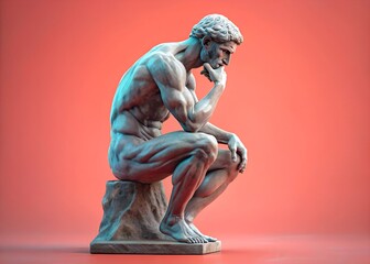 A detailed sculpture of a man in the classic "Thinker" pose, symbolizing deep thought, philosophy, and contemplation, set against a vibrant orange background. Сopy space