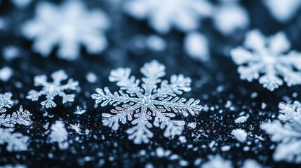 A delicate snowflake rests on a dark surface, its intricate details highlighted by the soft light.