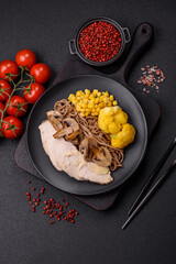 Asian dish with sliced chicken fillet, buckwheat noodles, soy sauce