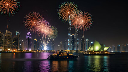 Excitement of a New Year's Eve cruise in Dubai Marina with stunning views.