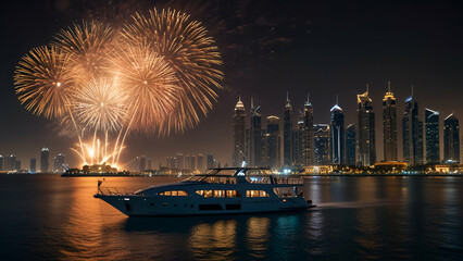 Excitement of a New Year's Eve cruise in Dubai Marina with stunning views.