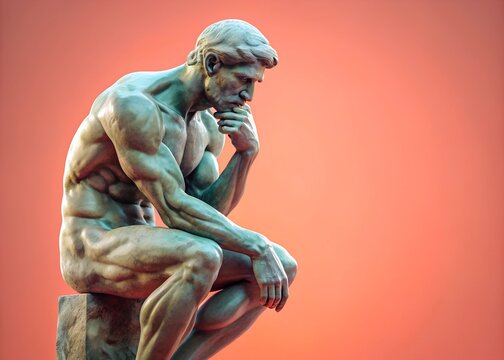 Classic statue of a thinking man in a traditional contemplative pose, set against a warm orange background. Symbolizes philosophy, wisdom, and deep thought. Сopy space