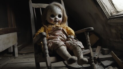 A creepy porcelain doll sits in a rocking chair in a dark and dusty attic.