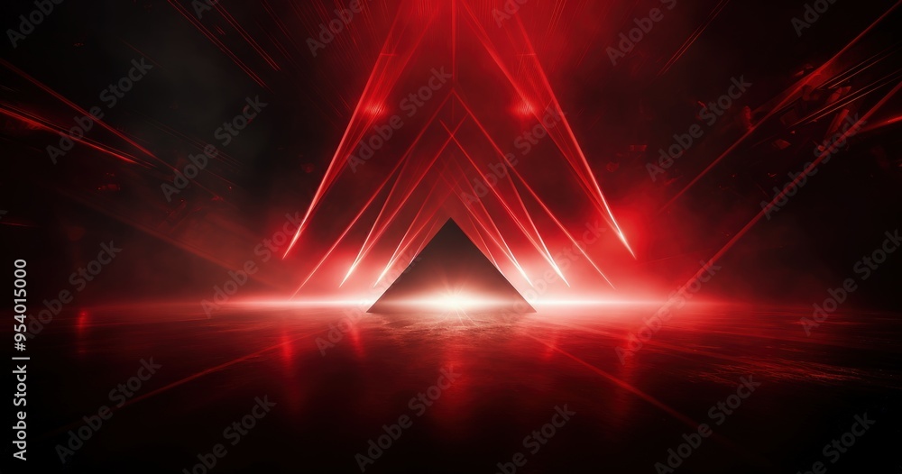 Poster a striking visual of a dark pyramid illuminated by red beams of light, creating a dramatic and futur