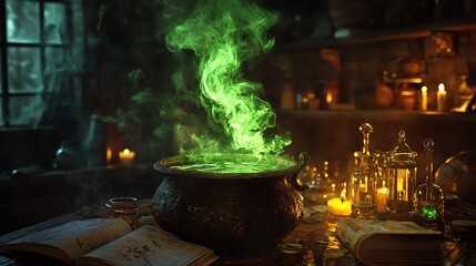 A cauldron filled with bubbling green liquid sits on a wooden table, surrounded by books and bottles.