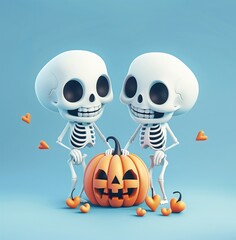 Obraz premium Friendly Skeletons with Jack-o'-Lantern Halloween Fun