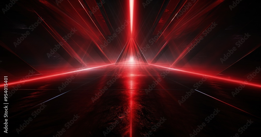 Poster a striking digital landscape featuring sharp red beams converging towards a central point, creating 