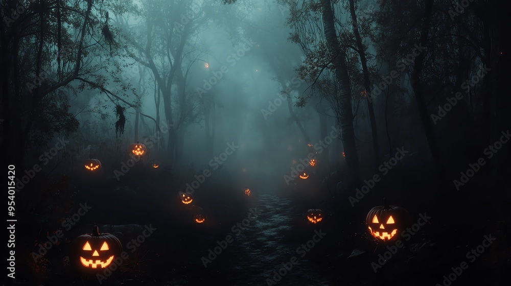 Poster a spooky path through a dark forest lit by glowing jack-o'-lanterns. the path is lined with pumpkins