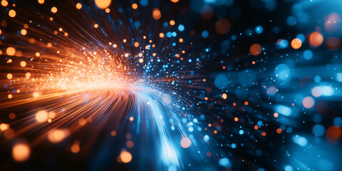 Obraz premium Vibrant fiber optic signals in telecommunication create stunning visual effect with glowing particles in blue and orange hues.