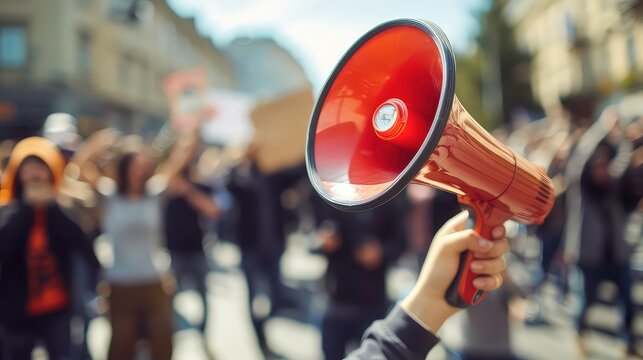 Close up of a red megaphone being held up in a crowd of blurred people. - Powered by Adobe