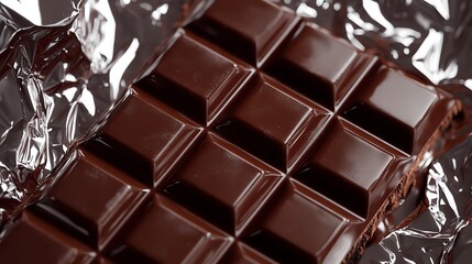 Obraz premium A close-up of a chocolate bar with a broken piece revealing the smooth, rich texture of the melted chocolate underneath.