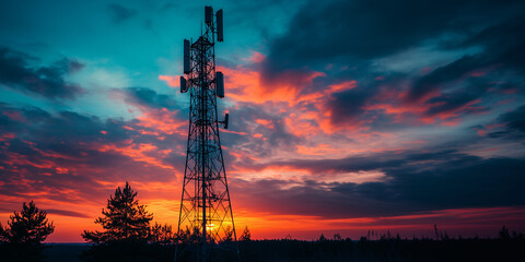 Naklejka premium A stunning sunset behind telecommunications tower, showcasing vibrant colors in sky. scene captures essence of modern communication networks.