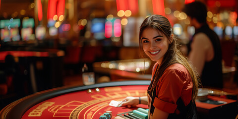 A beautiful female employee is dealing cards at vibrant casino table, exuding warm smile and engaging atmosphere.