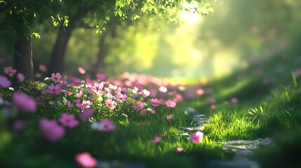 Fototapeta premium Sunlit Forest Path Lined with Pink Flowers and Lush Green Grass