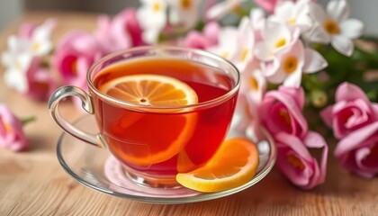 A cup of tea with a slice of orange on top. The tea is a deep red color and the orange slice is bright and juicy. The cup is on a coaster and is placed on a wooden table