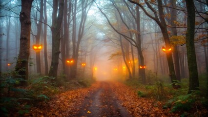Mysterious Foggy Halloween Forest Path with Glowing Eyes Perfect for Spooky Season Promotions and Decorations