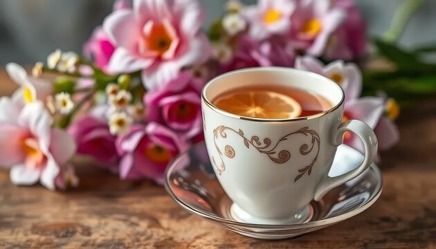 A white cup with a floral design sits on a wooden table. The cup is filled with tea and a slice of lemon. The table is surrounded by a bouquet of pink flowers. Concept of relaxation and warmth