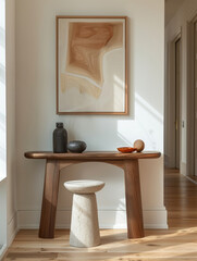 Modern minimalist home interior with wooden table and abstract art.