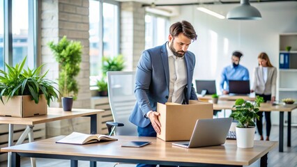 Naklejka premium A weary professional packs up their desk, closes a laptop, and walks away from a chaotic office, symbolizing