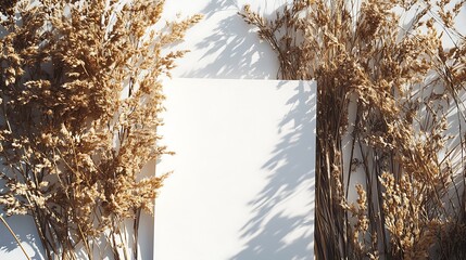Dried Golden Grass with Shadows on a White Background