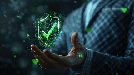 Person holding a glowing green checkmark inside a shield, representing security and trust.
