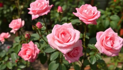 A bunch of pink roses are in a garden. The roses are in full bloom and are arranged in a way that they are all facing the same direction. The garden is well-maintained