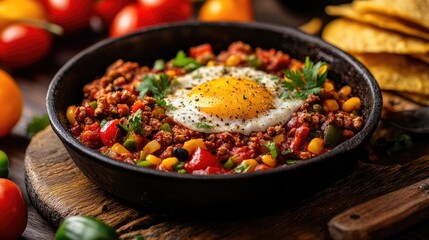 A skillet of chili with a fried egg on top. Perfect for a satisfying and hearty breakfast or lunch.