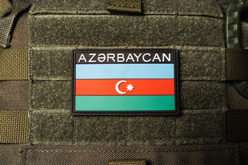 Azerbaijani military chevron on an army plate carrier, close-up photo.