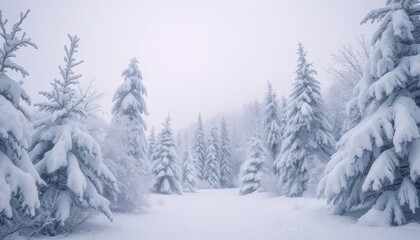 Fototapeta premium A snowy forest with trees covered in snow. The trees are tall and spread out, creating a peaceful and serene atmosphere. The snow-covered ground adds to the beauty of the scene