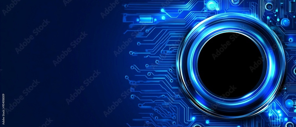 Poster digital button, circuit board with glowing blue connection, data flow, digital connectivity, backgro