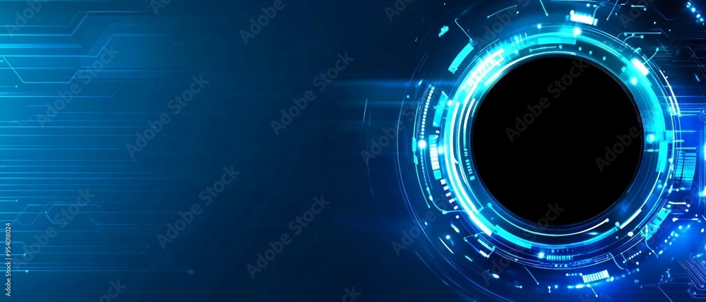 Poster digital button, circuit board with glowing blue connection, data flow, digital connectivity, backgro