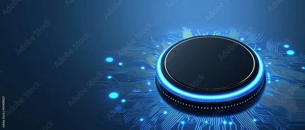 Poster digital button, circuit board with glowing blue connection, data flow, digital connectivity, backgro