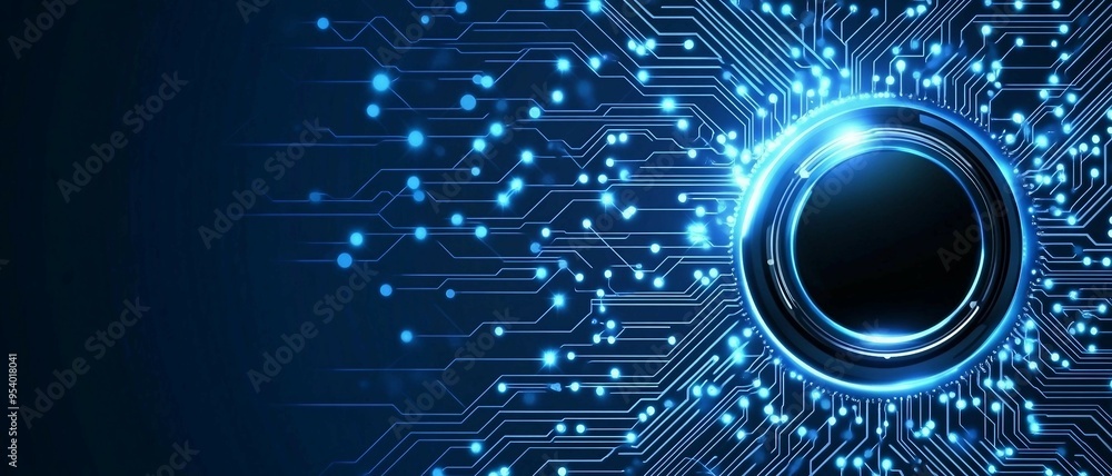 Poster digital button, circuit board with glowing blue connection, data flow, digital connectivity, backgro
